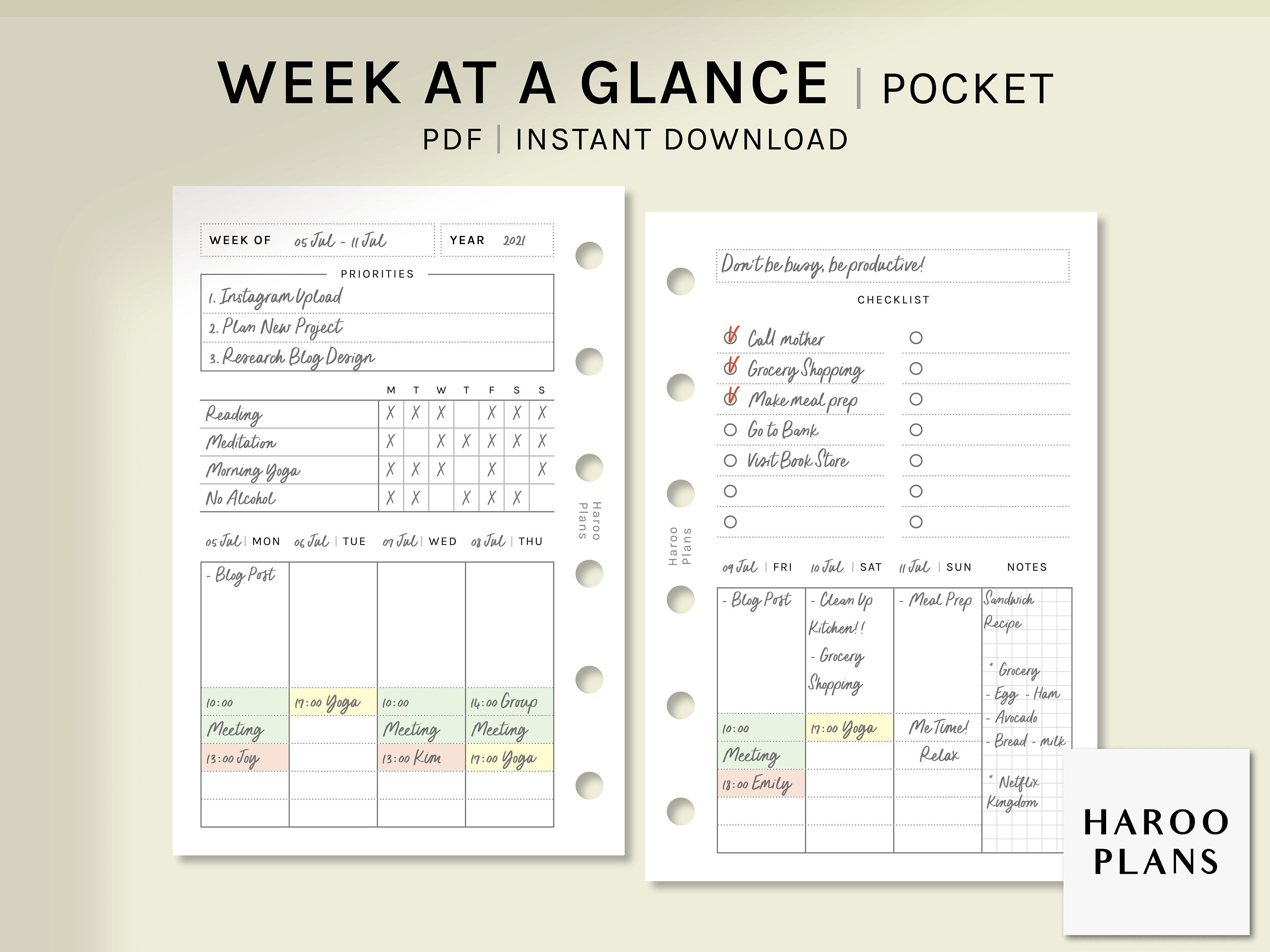 Week at a Glance | Pocket Ring Printable Inserts | Weekly Planner ...