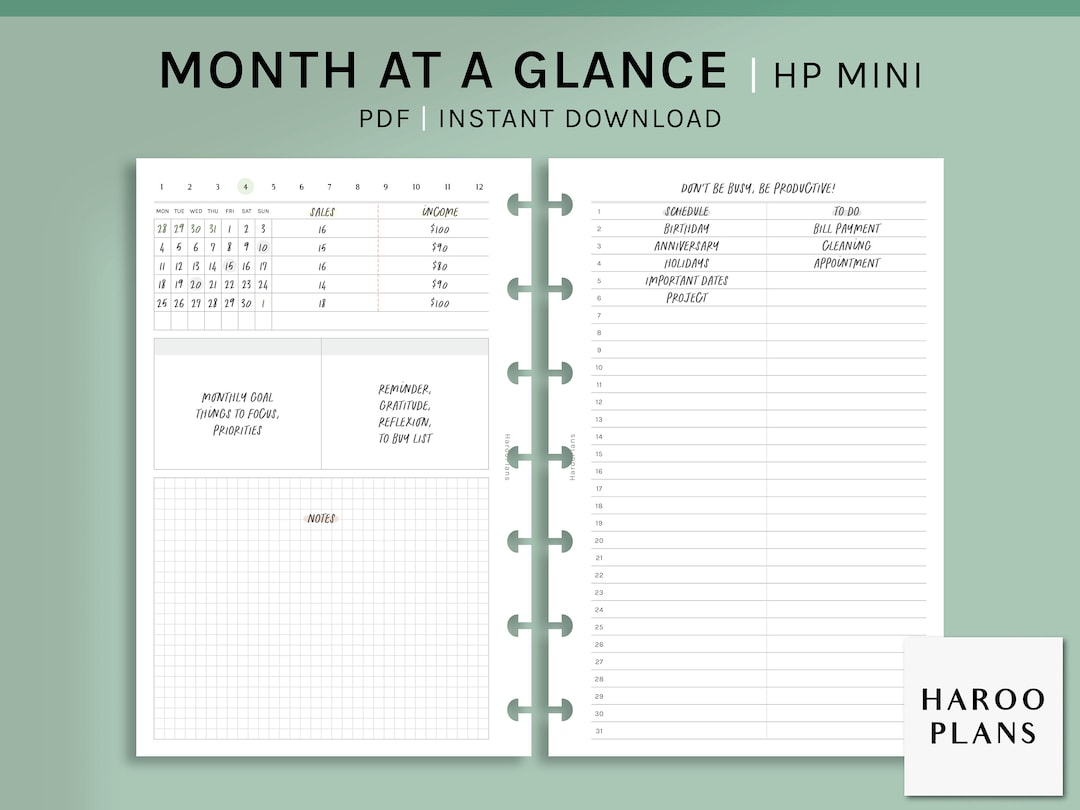 Month at a Glance | HP Mini Printable Happy Planner Inserts | Undated ...