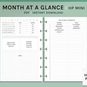 Puede incluir: Una página de planificador imprimible en blanco y negro para un calendario mensual con secciones para ventas, ingresos, objetivos mensuales, recordatorios, notas y una lista de tareas. La página se titula "Month at a Glance | HP Mini" y "PDF | Descarga instantánea".