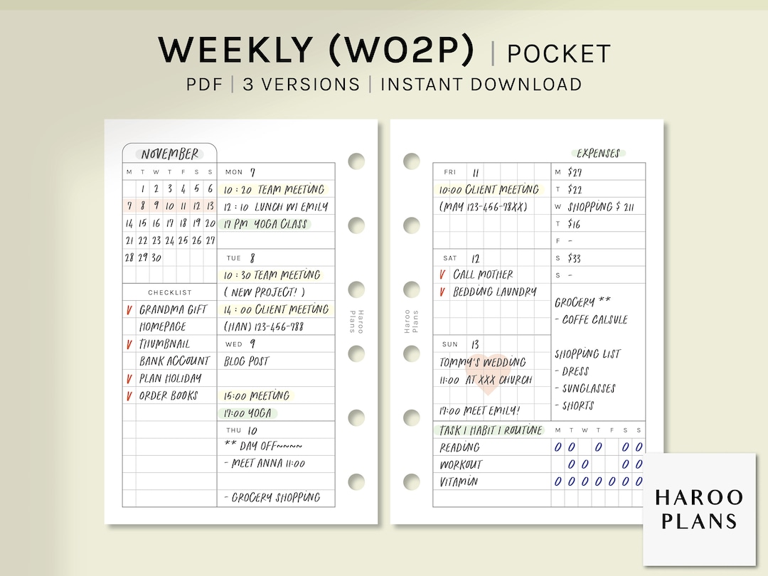 Undated Weekly | Pocket Rings Printable Planner Inserts | WO2P Schedule ...