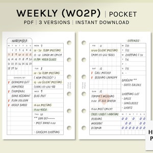 Undated Weekly | Pocket Rings Printable Planner Inserts | WO2P Schedule Template | with Calendar | Week at a glance PDF | Digital Download