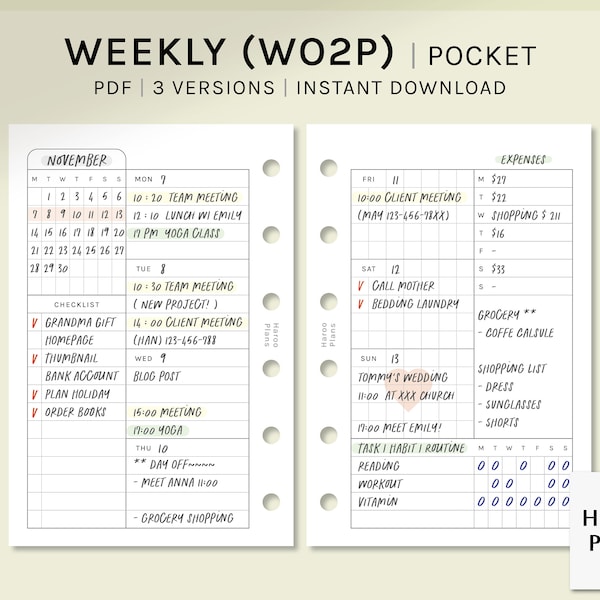 Undatierte wöchentliche | Taschenringe Planereinlagen | WO2P Zeitplanvorlage | mit Kalender | Woche auf einen Blick PDF | Digitaler Download