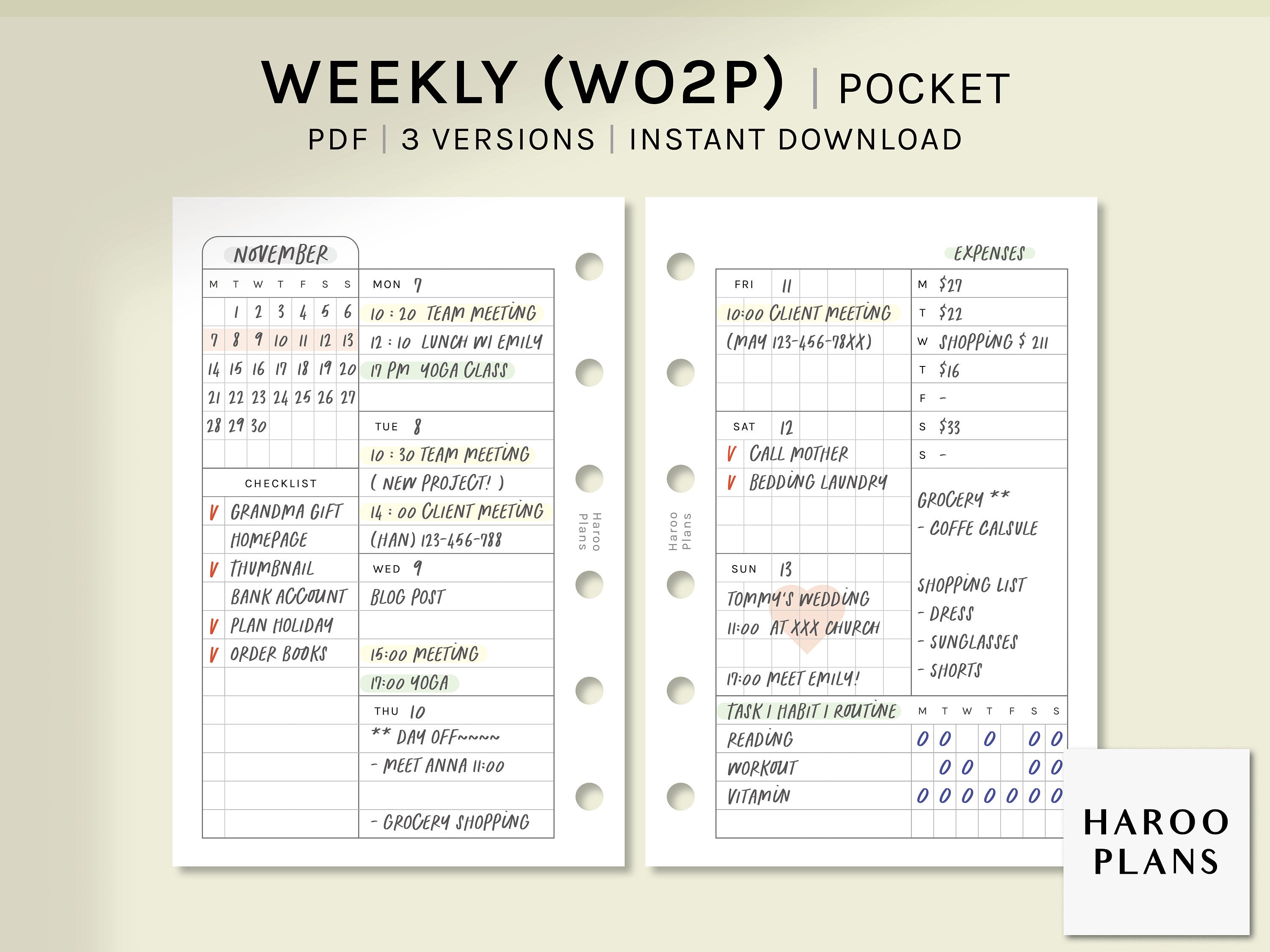 Undated Weekly | Pocket Rings Printable Planner Inserts | WO2P Schedule ...