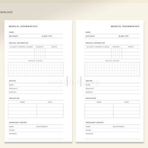 Medical Information | Personal Size Printable Planner Inserts | Simple ...