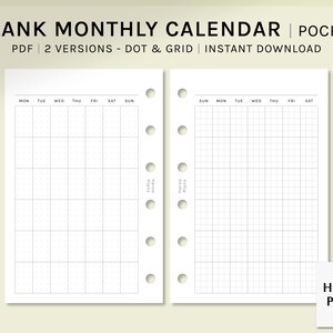 Undated Monthly Calendar | Pocket Size Printable Planner Inserts | Dot ...