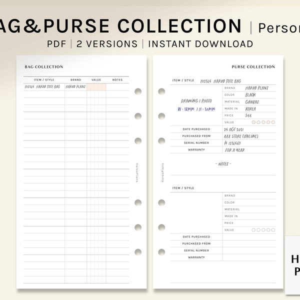 Bag & Purse Collection | Personal Size Printable Planner Inserts | Handbag  Wallet Item List template Worksheet PDF | Digital Download