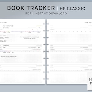 Op de afbeelding: Een printbare boektracker met een witte achtergrond en zwarte tekst. De tracker heeft secties voor de titel, auteur, totaal aantal pagina's, voortgang en een citaat. De tracker is ontworpen voor gebruik met een Happy Planner Classic.