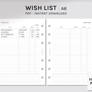 Verlanglijst | Afdrukbare planner inlegvellen op A6-formaat | Sjabloon verlanglijst | Shopping-trackerblad | Dingen om te kopen werkblad pdf | Digitale download