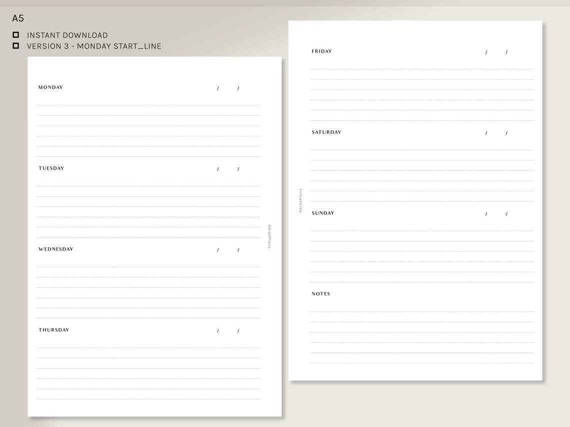 Simple Weekly | A5 | Printable Planner Inserts | Undated WO2P Template ...