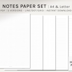 Basic Notes Paper Set / A4, US Letter / Printable Planner / Study Notes Template / Blank Notepad / Grid, Dot, Lined Memo Pages /