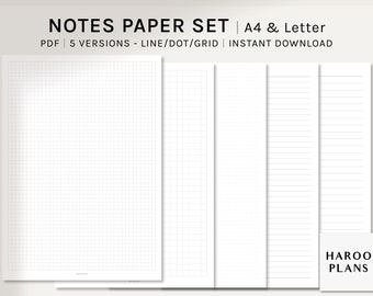 Basic Notes Paper Set / A4, US Letter / Printable Planner / Study Notes Template / Blank Notepad / Grid, Dot, Lined Memo Pages /