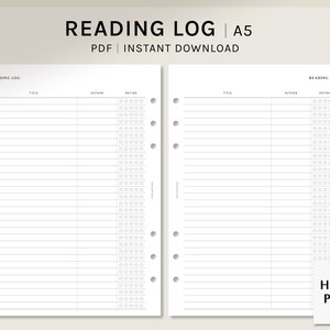 Registro di lettura / Inserti per pianificatori stampabili A5 / Modello di tracker di libri PDF / Foglio di lavoro layout semplice della lista di controllo del libro / Download digitale