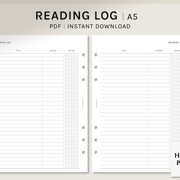Reading Log | A5 Printable Planner Inserts | Book Tracker Template PDF | Simple Book Checklist Layout Worksheet | Digital Download
