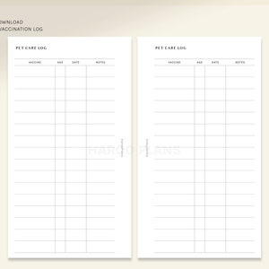 Pet Care Log | Personal size Printable Planner Inserts | Animal Profile Health Information Template | Vaccination Tracker | Digital Download image 3