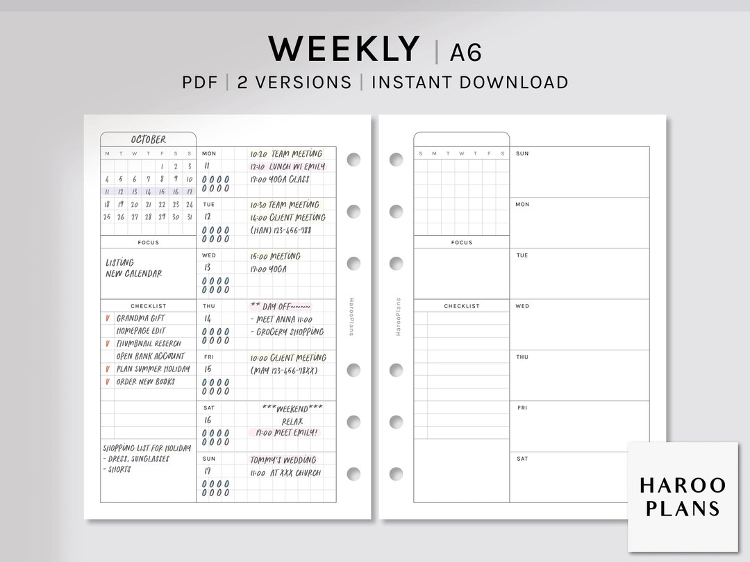 Undated Weekly | A6 Printable Planner Inserts | WO1P Schedule Template ...