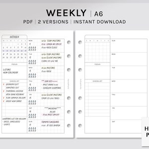 Può includere: Un planner settimanale di formato A6 con un calendario per ottobre e un elenco di controllo. Il planner ha un layout a griglia con spazio per attività quotidiane e note. Il planner è progettato per l'uso con un sistema di rilegatura a disco.