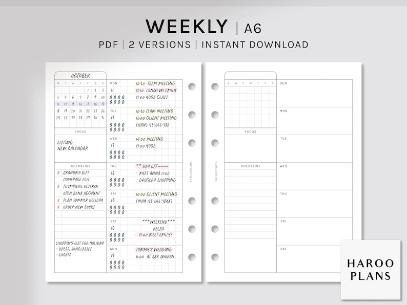 Undated Weekly | A6 Printable Planner Inserts | WO1P Schedule Template ...