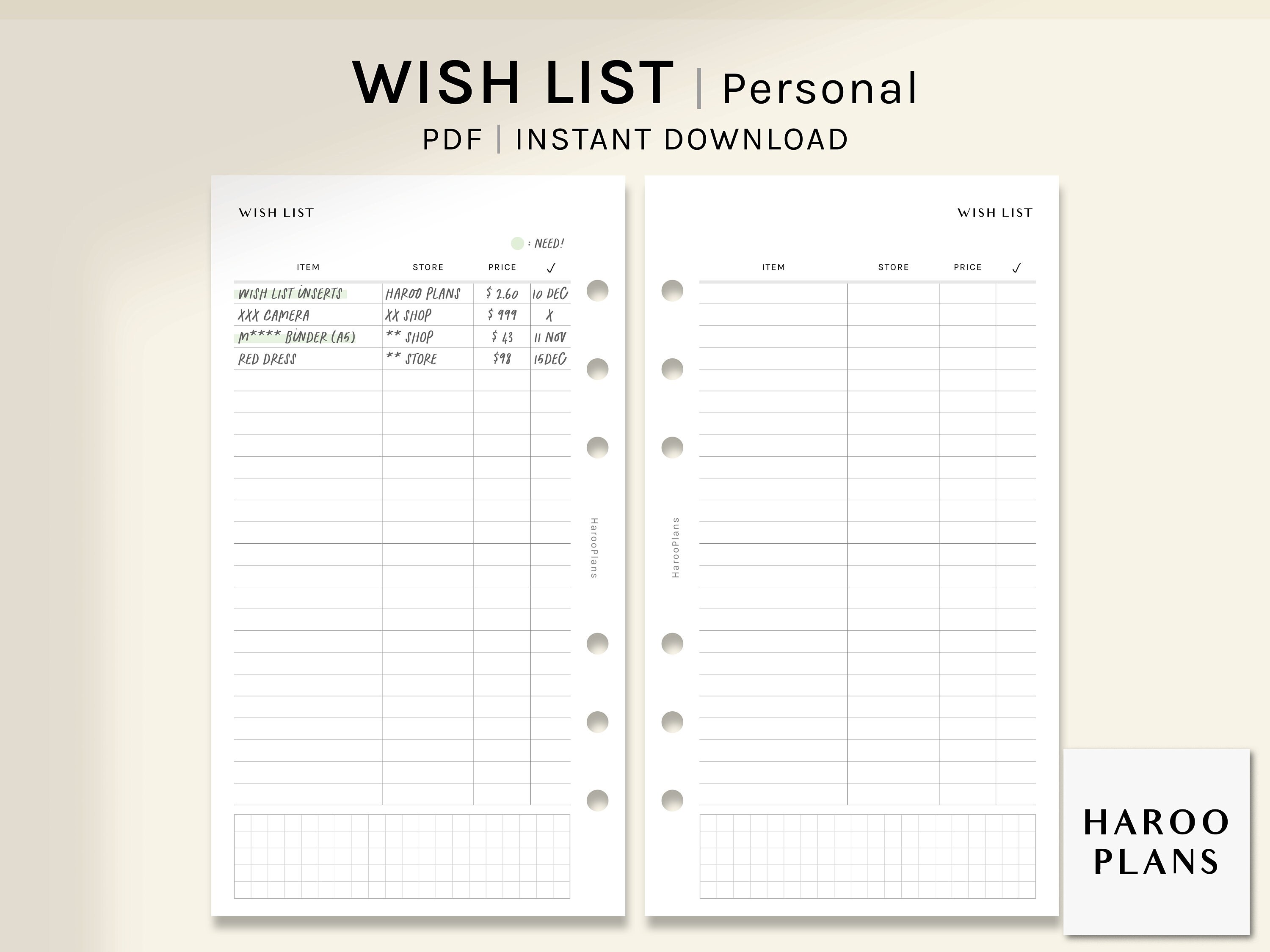 Wish List Personal Printable Planner Inserts Wishlist - Etsy