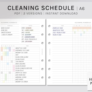 May include: A printable cleaning schedule planner in A6 size. The left side features a daily cleaning checklist with a color-coded grid for tracking tasks. The right side has a blank grid for monthly, quarterly, half-yearly, and yearly tasks. The planner is titled "Cleaning Schedule" and includes the text "PDF | 2 Versions | Instant Download".