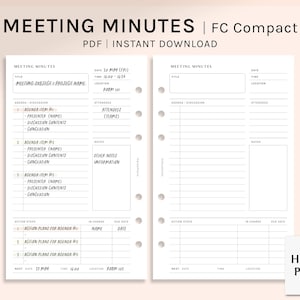 Op de afbeelding: Een afdrukbare vergaderverslag sjabloon voor een compacte planner. De sjabloon bevat secties voor datum, tijd, locatie, titel, agenda, deelnemers, notities, actiestappen en volgende stappen. De sjabloon is ontworpen om u te helpen uw vergaderingen bij te houden en opvolgmaatregelen te nemen voor actiepunten.