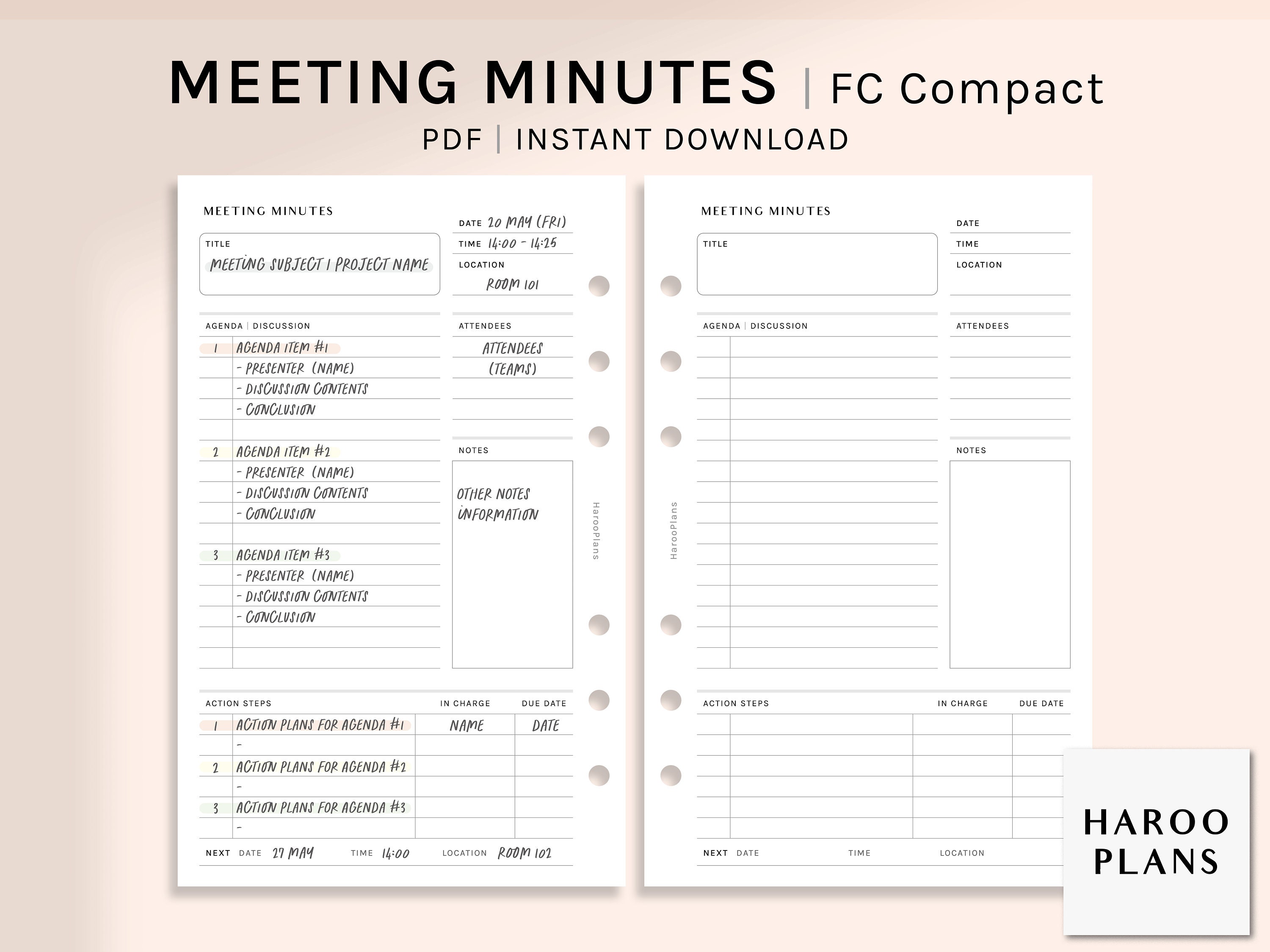 Meeting Minutes | FC Compact Printable Planner Inserts | Work Project ...