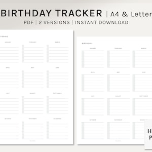 Calendario de cumpleaños / Planificador imprimible en tamaño A4 (carta de EE. UU.) / Plantilla de calendario de cumpleaños anual / Hoja de registro de cumpleaños (PDF) / Descarga digital