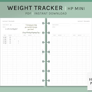 Könnte beinhalten: Ein druckbarer Gewichts-Tracker für einen HP Mini-Planer. Der Tracker hat zwei Spalten mit Platz für Daten und Gewichte. Der Text "Um deinen Körper zu verändern, musst du zuerst deinen Geist verändern. Jeden Montag Wiegetag" ist enthalten.