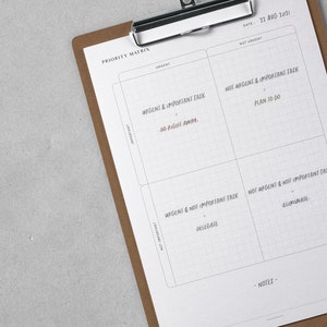 Priority Matrix | A4, US Letter Printable Planner Inserts | Urgent ...