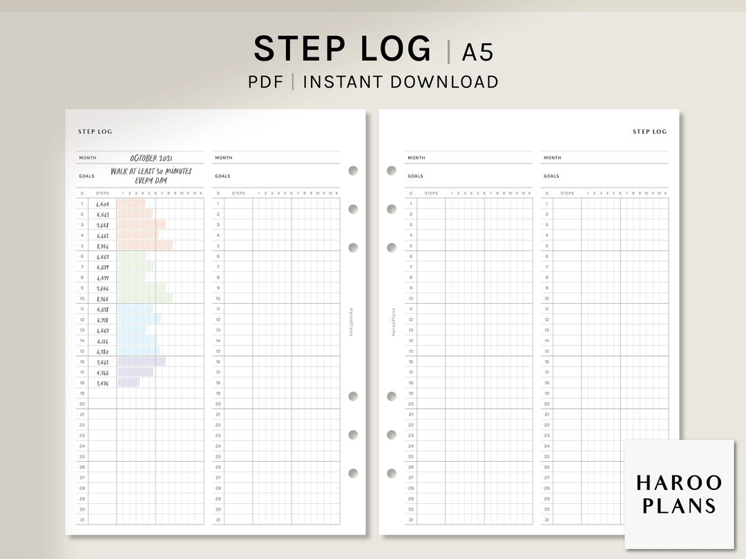 Step Log | A5 Printable Planner Inserts | Health Journal Template ...