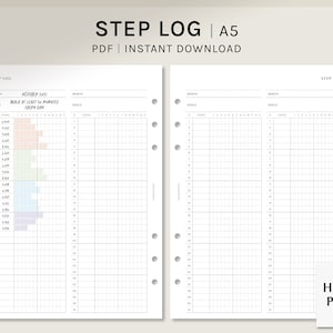 May include: A printable step log planner in A5 size, with a grid for tracking steps taken each day. The planner has a section for setting goals and a section for tracking steps taken each day. The planner is designed to help people track their progress towards their fitness goals.