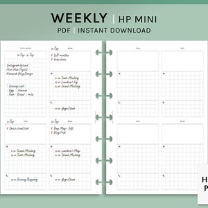 May include: A weekly planner for HP Mini size planners. The planner has a grid layout with space for daily tasks and notes. The planner is designed for the week of September 20th to 24th. The planner is in black and white with a green background.