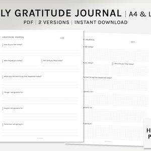 Diario de Gratitud / A4, Carta de EE. UU. / Inserciones imprimibles del planificador diario diario / Plantilla de diario de atención plena PDF / Mensaje simple / Descarga digital