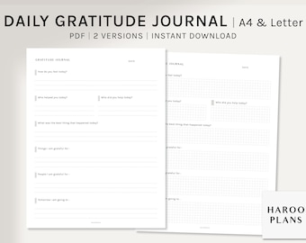 May include: A printable daily gratitude journal with two versions, one with lined pages and one with gridded pages. The journal prompts include "How do you feel today?", "Who helped you today?", "What was the best thing that happened today?", "Things I am grateful for", "People I am grateful for", and "Tomorrow I am going to..."
