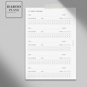 May include: A printable TV series tracker with sections for title, total episodes, date, season, and rating. The tracker is designed for use with a portable planner.