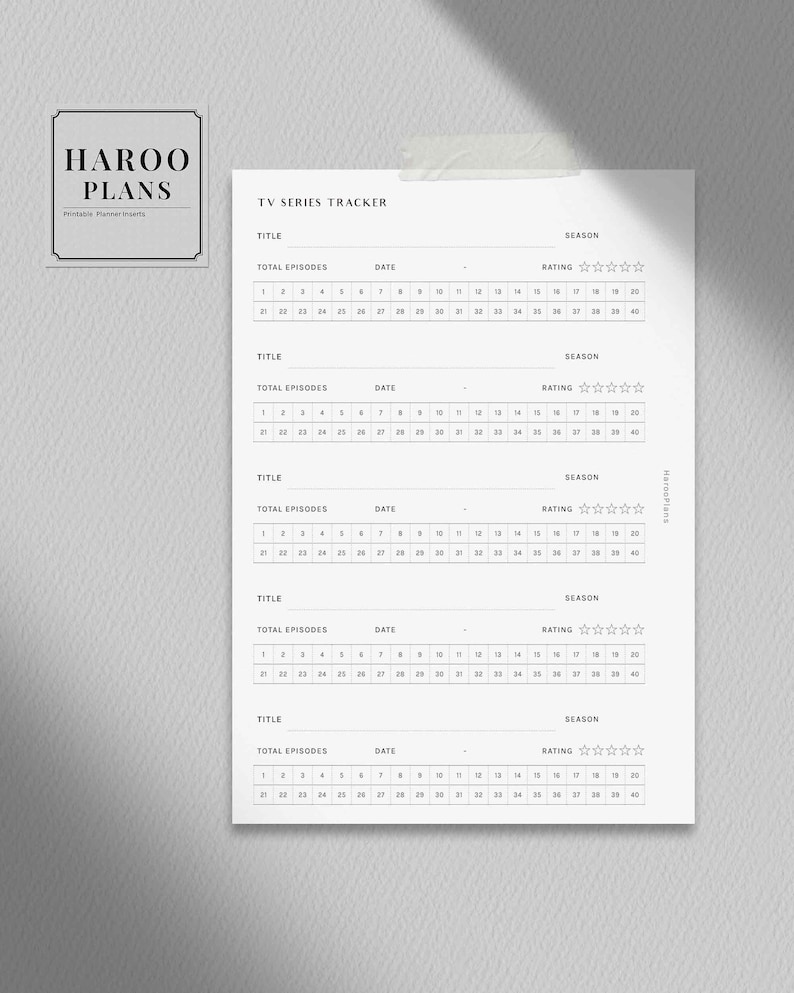 May include: A printable TV series tracker with sections for title, total episodes, date, season, and rating. The tracker is designed for use with a portable planner.