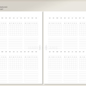 May include: A printable A5 tracker with two pages, each with six monthly calendar grids. Each grid has a space for writing notes below. The months are labeled January through December. The days of the week are labeled M, T, W, T, F, S, S.