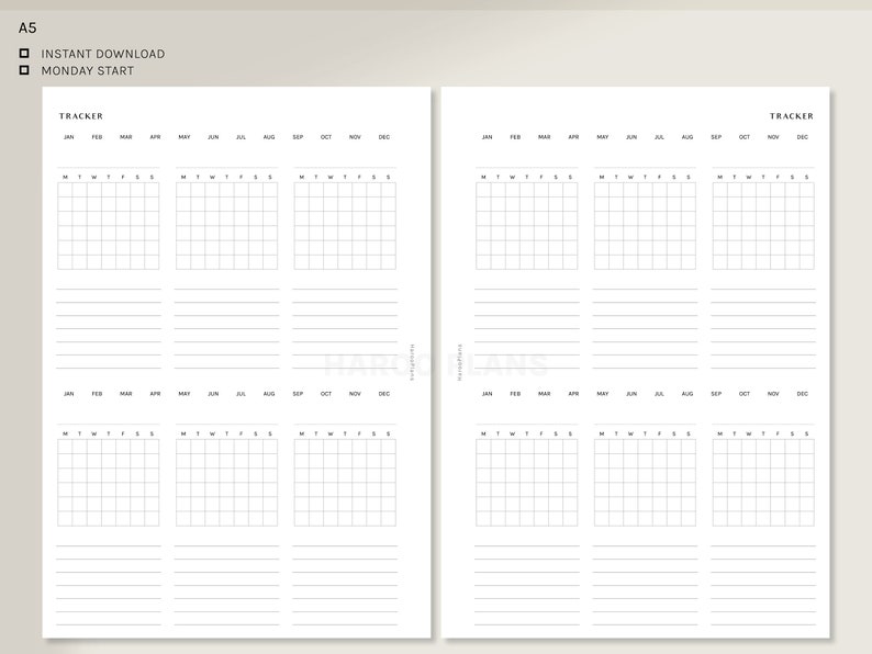 May include: A printable A5 tracker with two pages, each with six monthly calendar grids. Each grid has a space for writing notes below. The months are labeled January through December. The days of the week are labeled M, T, W, T, F, S, S.