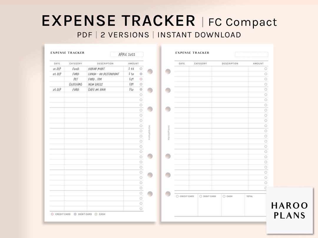 Expense Tracker | FC Compact Size Printable Planner Inserts | Spending ...
