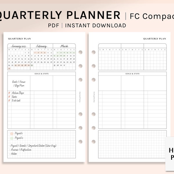 Quarterly Planner | FC Compact Printable Inserts | Monthly Goal Organizer PDF | 90-Days Planning | Undated Yearly Journal | Digital Download