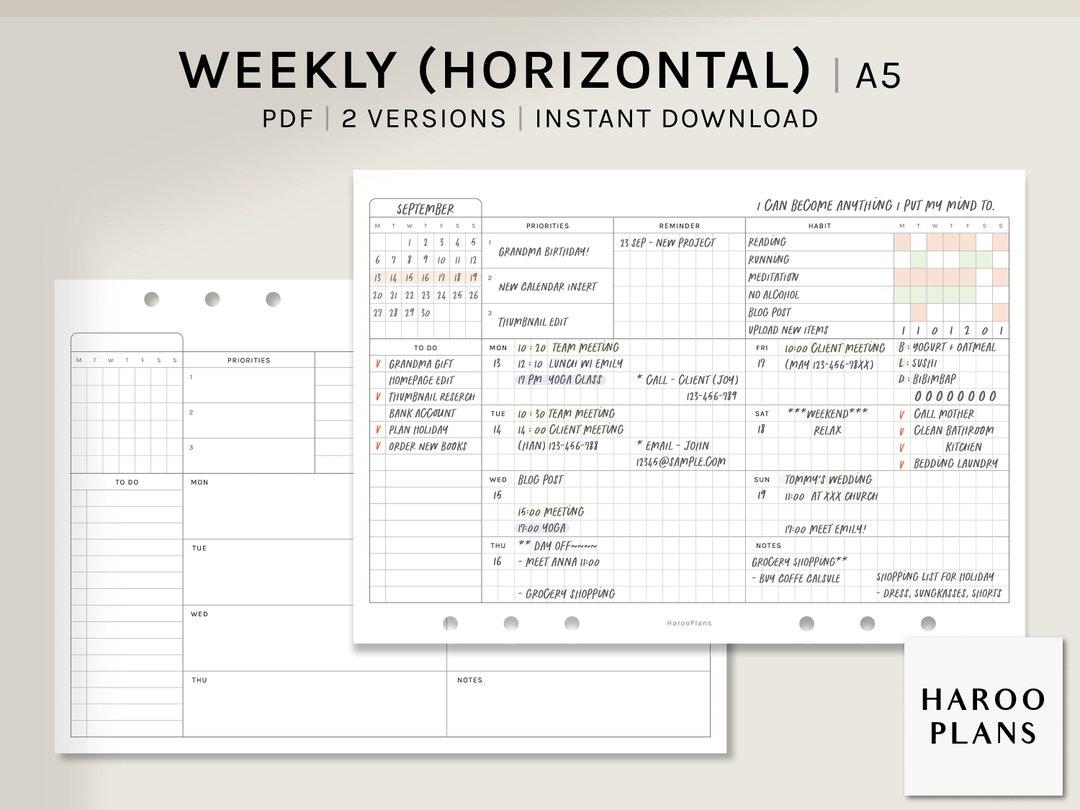 Undated Weekly | A5 Printable Planner Inserts | WO1P Horizontal Layout ...