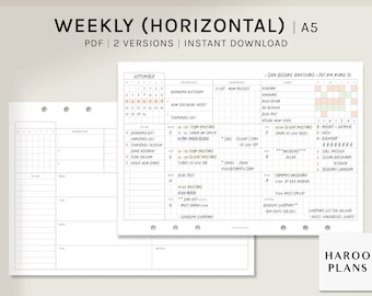 May include: A weekly planner in A5 size with a horizontal layout. The planner has a calendar for September, a to-do list, a priorities section, a reminders section, and a daily schedule. The daily schedule has a section for habits, notes, and a grocery shopping list.