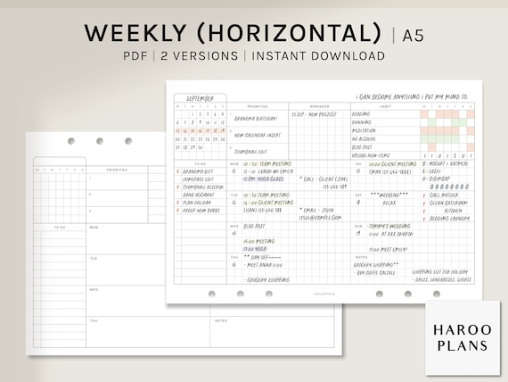 Undated Weekly A5 Printable Planner Inserts WO1P - Etsy