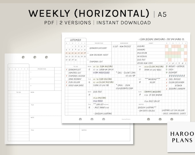 A5 Hobonichi Cousin Inspired Weekly 2.5mm Grid, Weekly Planner Pages ...