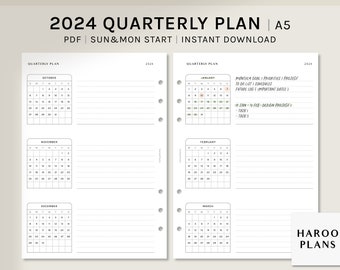 2024 Quarterly Planner | A5 Printable Inserts | Dated Calendar Template | Goal Project Task Agenda | Future Log Sheet PDF | Digital Download