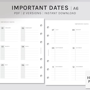 Important Dates | A6 Ring | Printable Planner Inserts | 2 Versions | Birthday Tracker | Anniversary Event Calendar Sheet | Digital Download