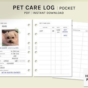 ペットケアログ | ポケットサイズの印刷可能なプランナー挿入物 | 動物プロフィール健康情報テンプレート | ワクチン接種トラッカー | デジタルダウンロード