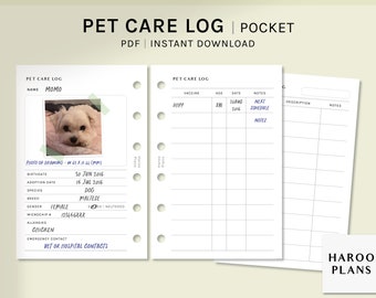 Puede incluir: Un registro de cuidado de mascotas imprimible en formato de bolsillo. El registro incluye secciones para información de la mascota, registros de vacunación y notas. La imagen muestra un registro de muestra con una foto de un perro maltés blanco llamado Momo.
