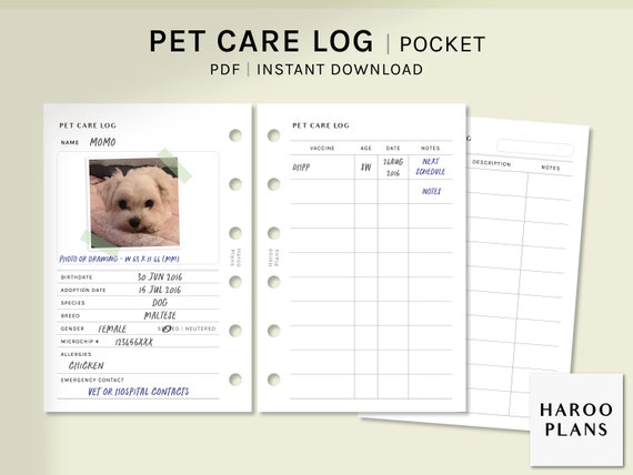 Pet Care Log | Pocket size Printable Planner Inserts | Animal Profile Health Information Template | Vaccination Tracker | Digital Download