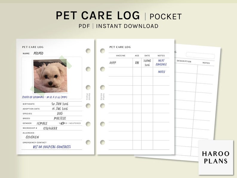 May include: A printable pet care log in a pocket-sized format. The log includes sections for pet information, vaccination records, and notes. The image shows a sample log with a photo of a white Maltese dog named Momo.