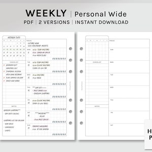 Pode incluir: Um inserto de planejador em preto e branco com o texto "WEEKLY | Personal Wide" e "PDF 2 VERSIONS | INSTANT DOWNLOAD". O planejador inclui um calendário, uma lista de verificação, uma seção de notas e uma seção de foco. O logotipo Haroo Plans está no canto inferior direito.
